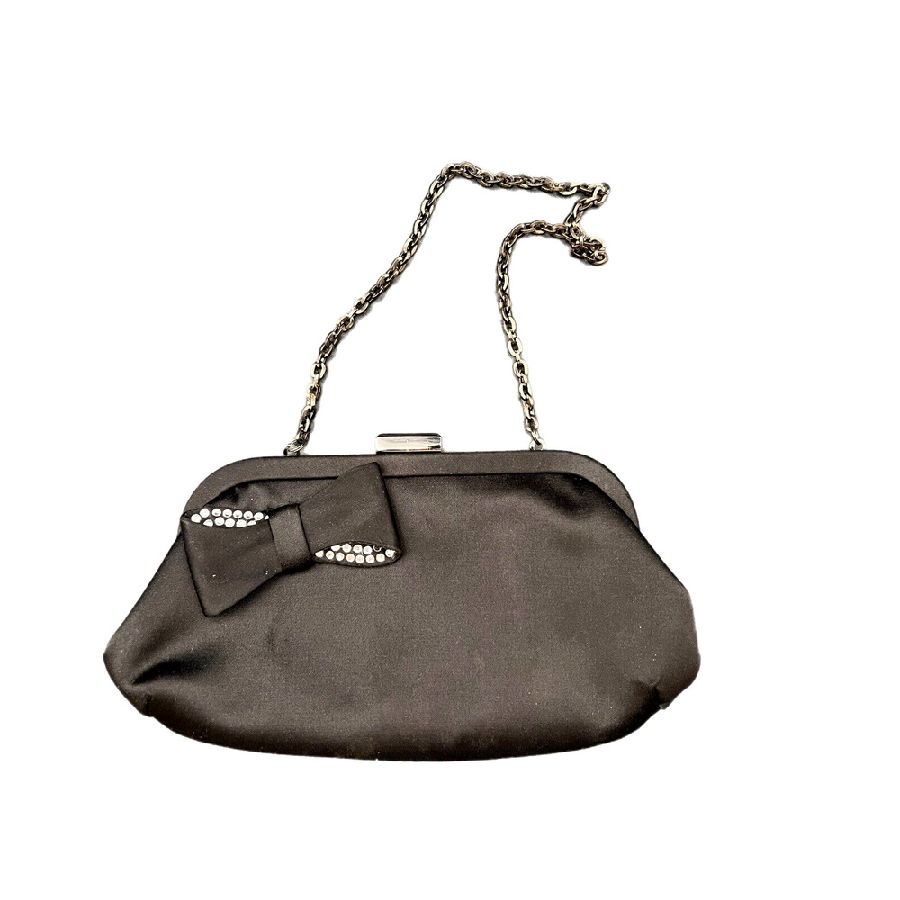 Vintage Designer MENBUR Black Evening Handbag w/ Rhinestone Front Bow